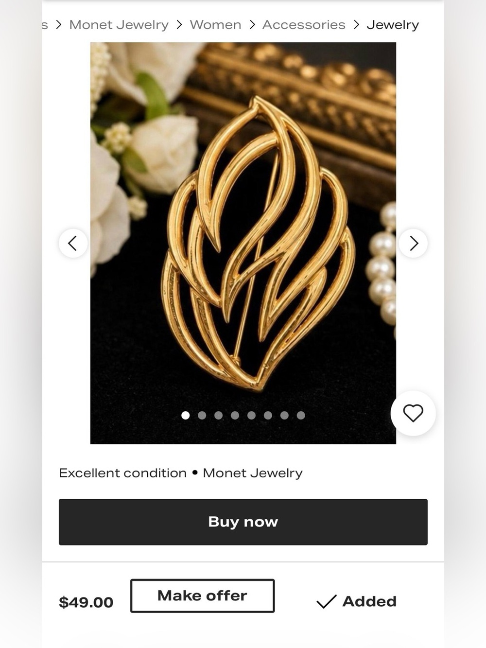 Beautiful Antique 1960-70’s Leaf Frond Golden Brooch by Monet